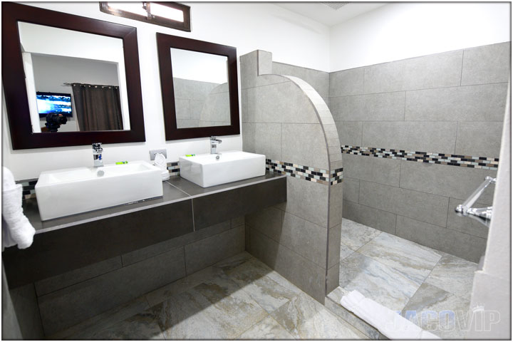Bathroom  with sinks and large shower area