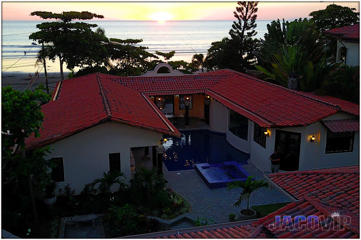 Aerial view of villa at sunset