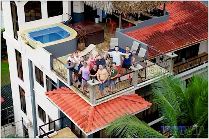 Drone photo of bachelor party group on rooftop at pacific palms in jaco