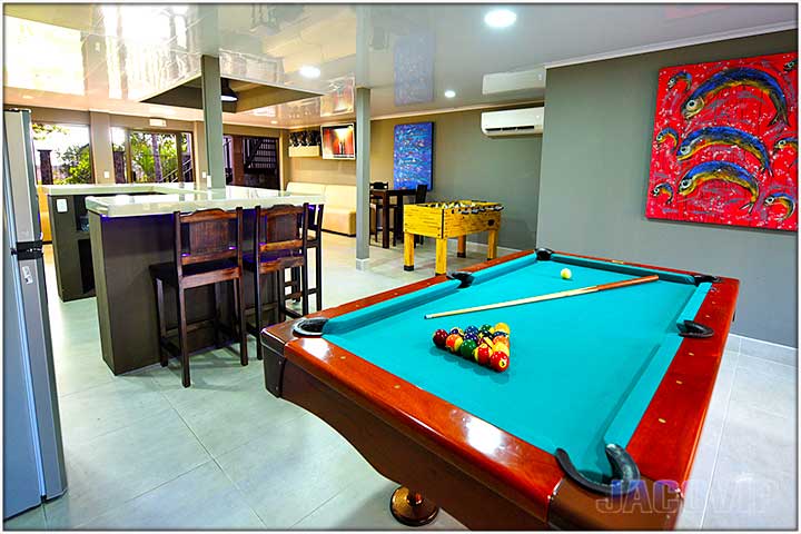 Pool Table and red painting of fish