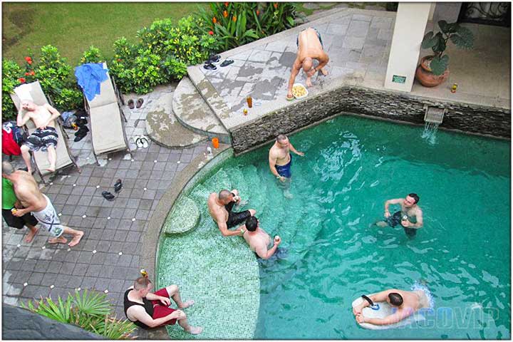 Overhead view of group in pool