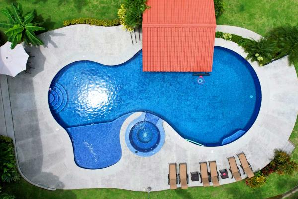 overhead view of designer pool and jacuzzi