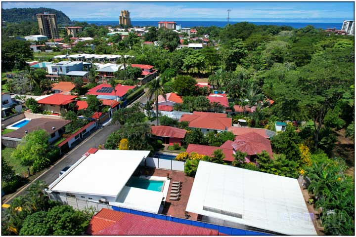 Drone view of Casa Toucan and distance to Jaco Beach and town center