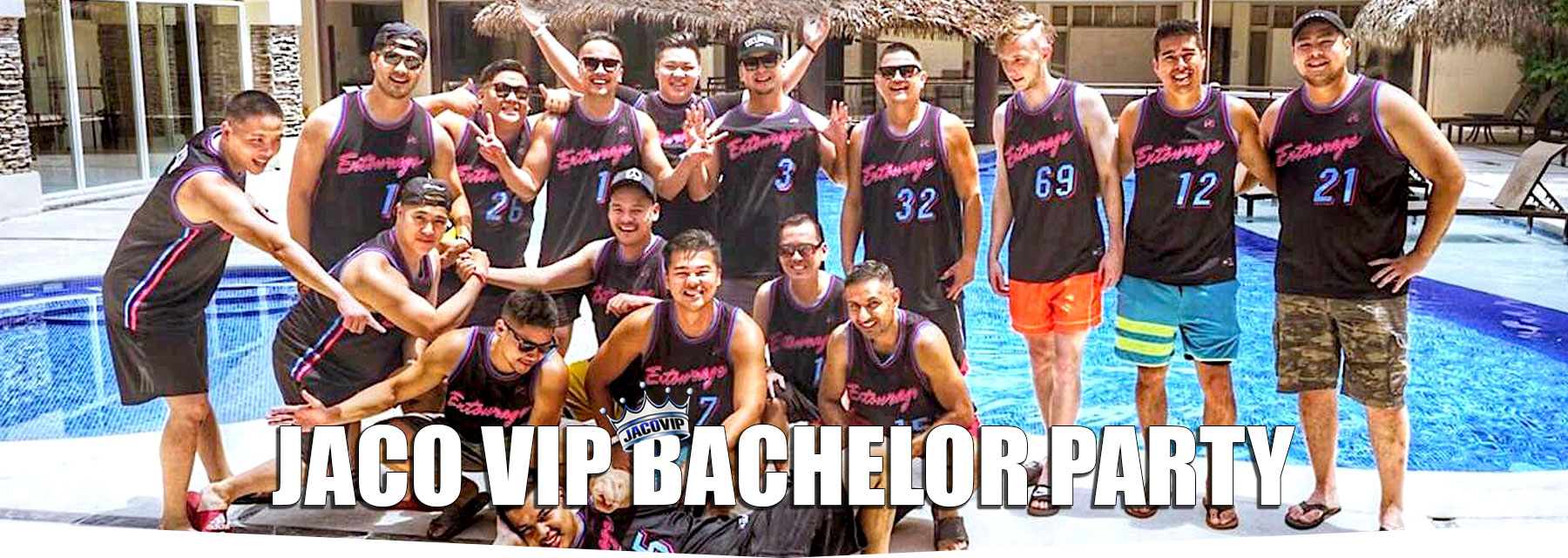 Costa Rica bachelor party group of guys with matching shirts in front of pool