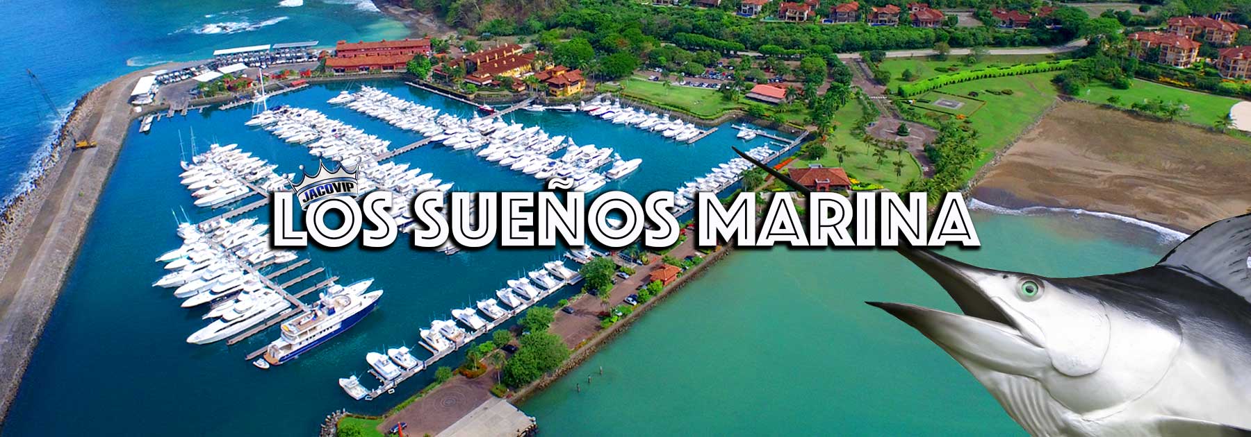 View of Los Sueños Marina in Costa Rica with many sport fishing boats docked