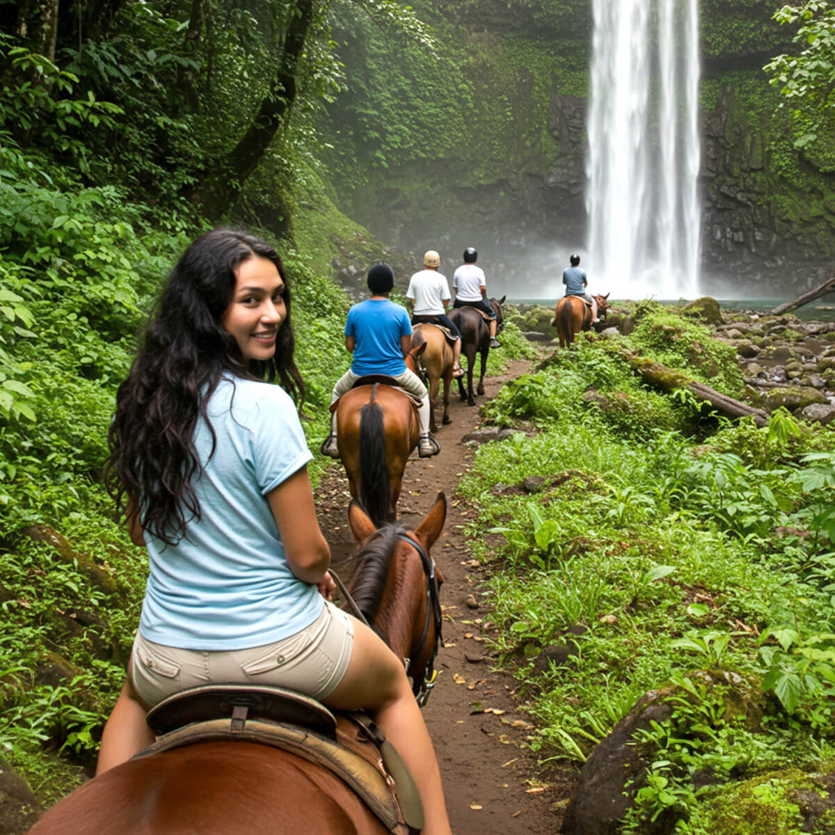 Girl on horseback tour to a waterfall looking back at the camera