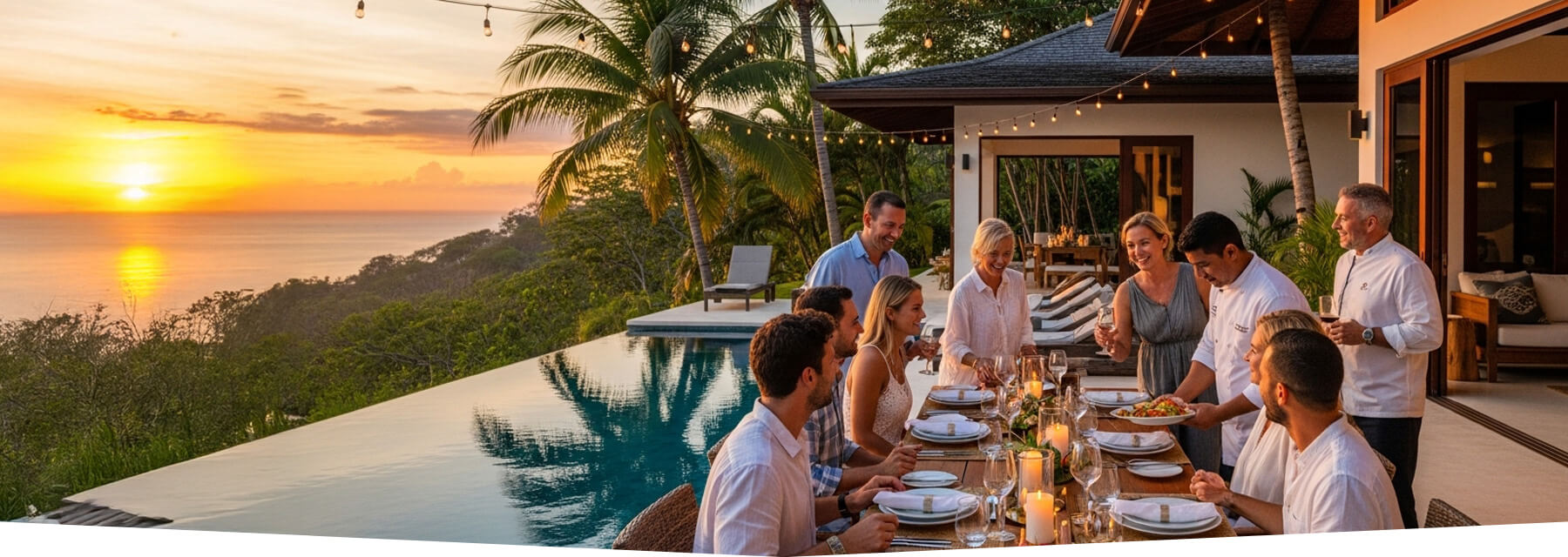 Group of friends and family enjoying private chef service while on vacation in Costa Rica.