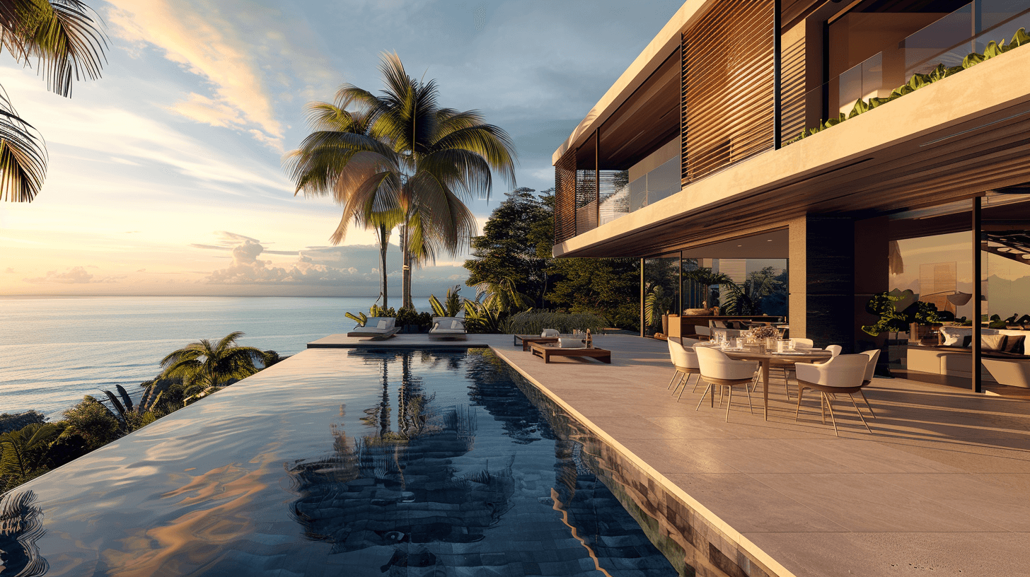 Luxury modern villa in Jaco Beach, Costa Rica with infinity pool and ocean view at sunset
