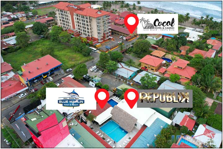Drone photo of Cocal Hotel and The Blue Marlin Hotel in Jaco Beach Costa Rica