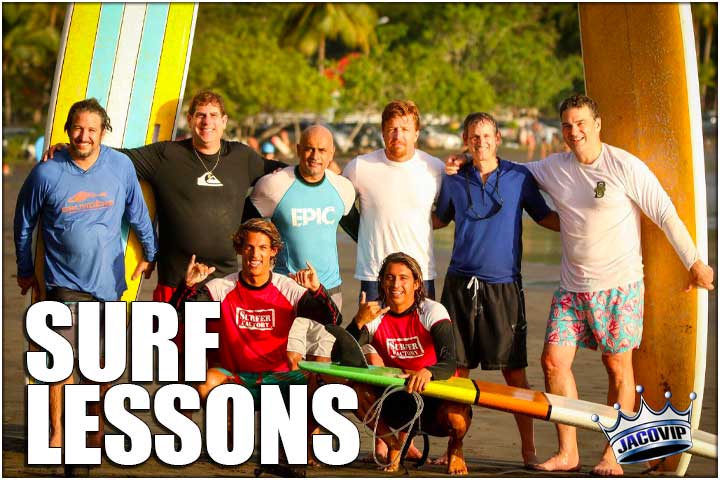 Group of people taking surf lessons with instructors on Jaco Beach