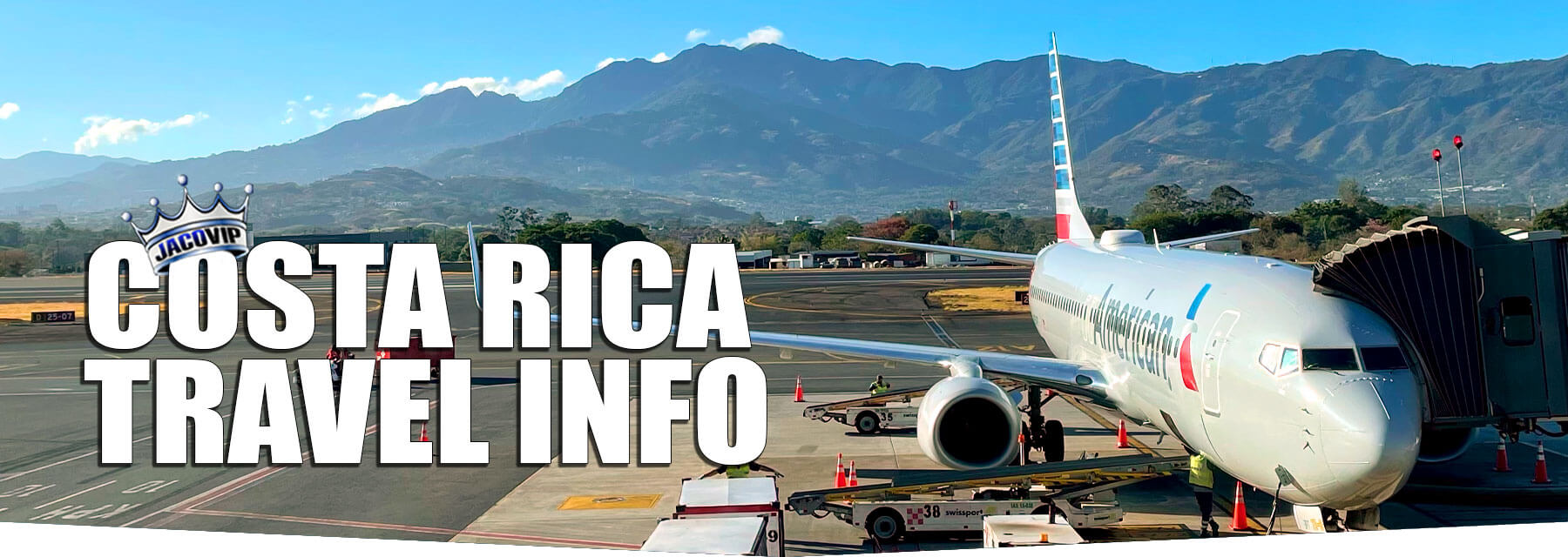 View of airplane at SJO airport in San Jose Costa Rica with mountains in the background