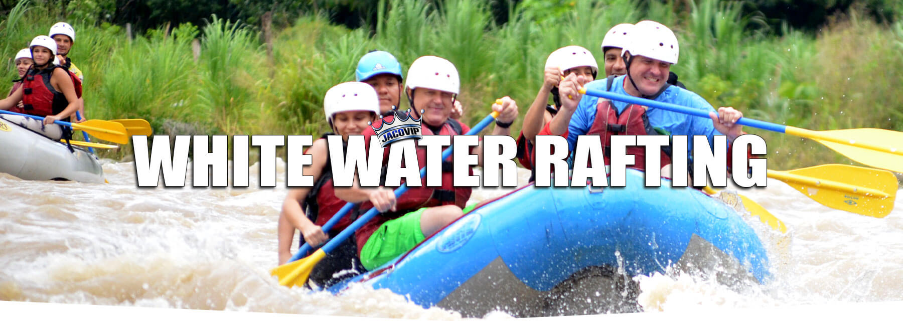 Group of men and women white water rafting in Costa Rica