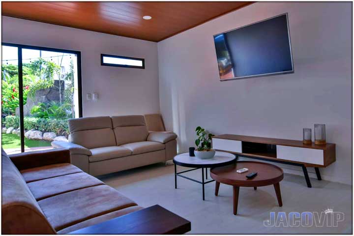 Living room with modern furniture and wall mounted TV
