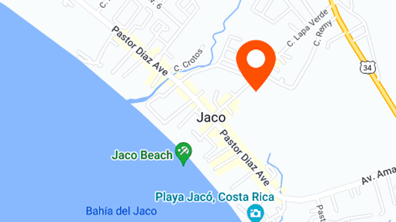 Aerial view of Jaco Beach showing the town map