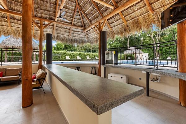 Open palapa lounge featuring long concrete bar thatched roof and pool view through black iron railings at this estate