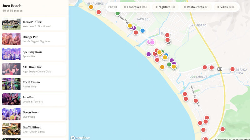 Interactive map of Jaco Beach showing villas, restaurants and nightlife