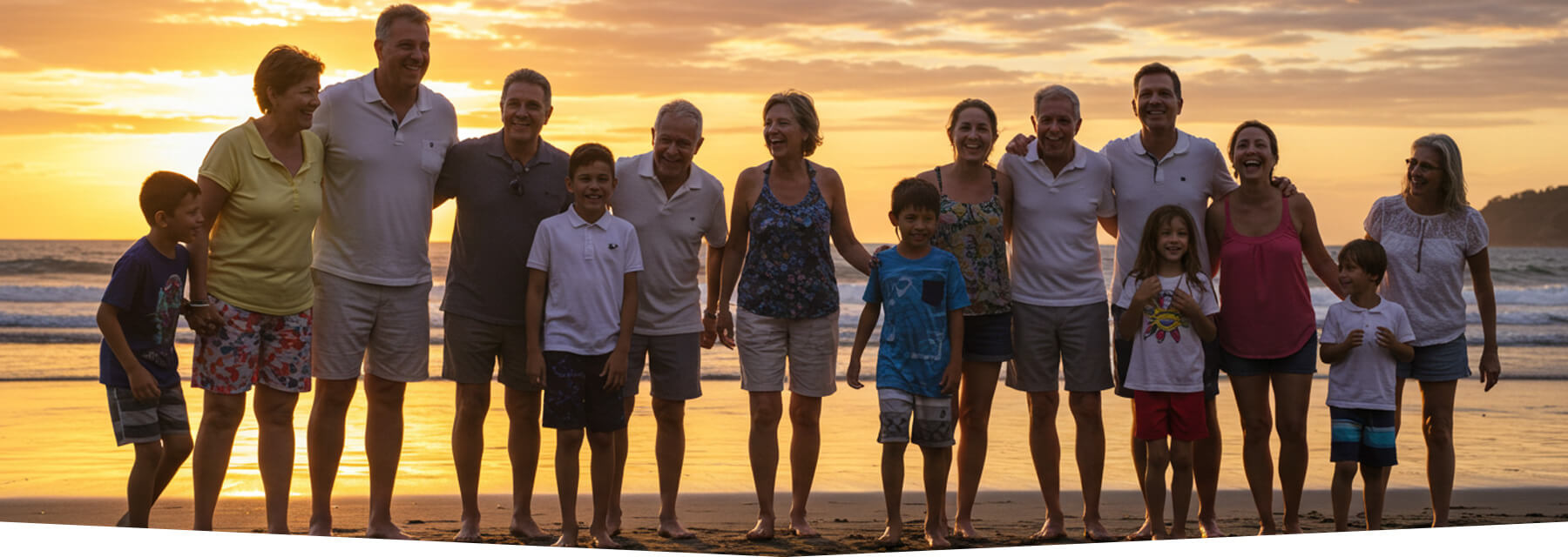 Smiling family lined up on Jaco Beach with the Pacific Ocean behind them, enjoying a carefree Costa Rica family vacation