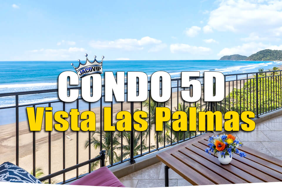 Ocean and beach view from the balcony of Vista Las Palmas 5D condominium in Jaco Beach Costa Rica with mountains in the distance