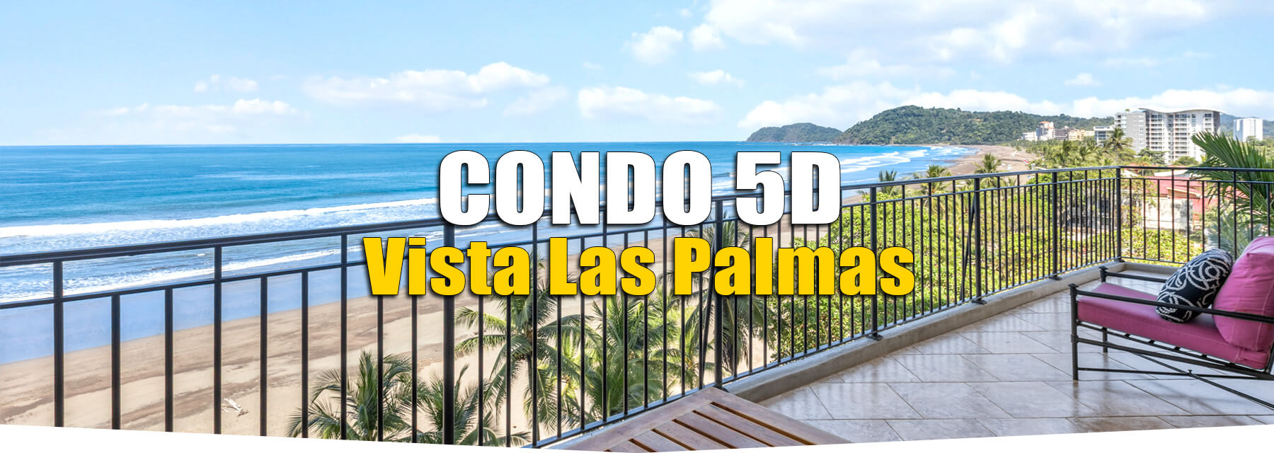 Ocean and beach view from the balcony of Vista Las Palmas 5D condominium in Jaco Beach Costa Rica with mountains in the distance