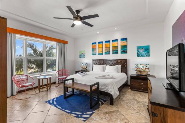 Primary bedroom with king bed, wood furniture, and TV
