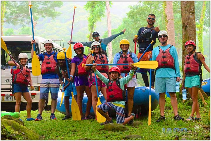 group of guests getting ready for rafting tour